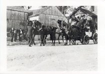 1916 Coaching Trip In Front of Wooden Buildings Adjusting Horses